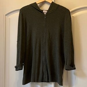 Caslon Ribbed Cotton Zippered Hooded Cardigan in Moss Green